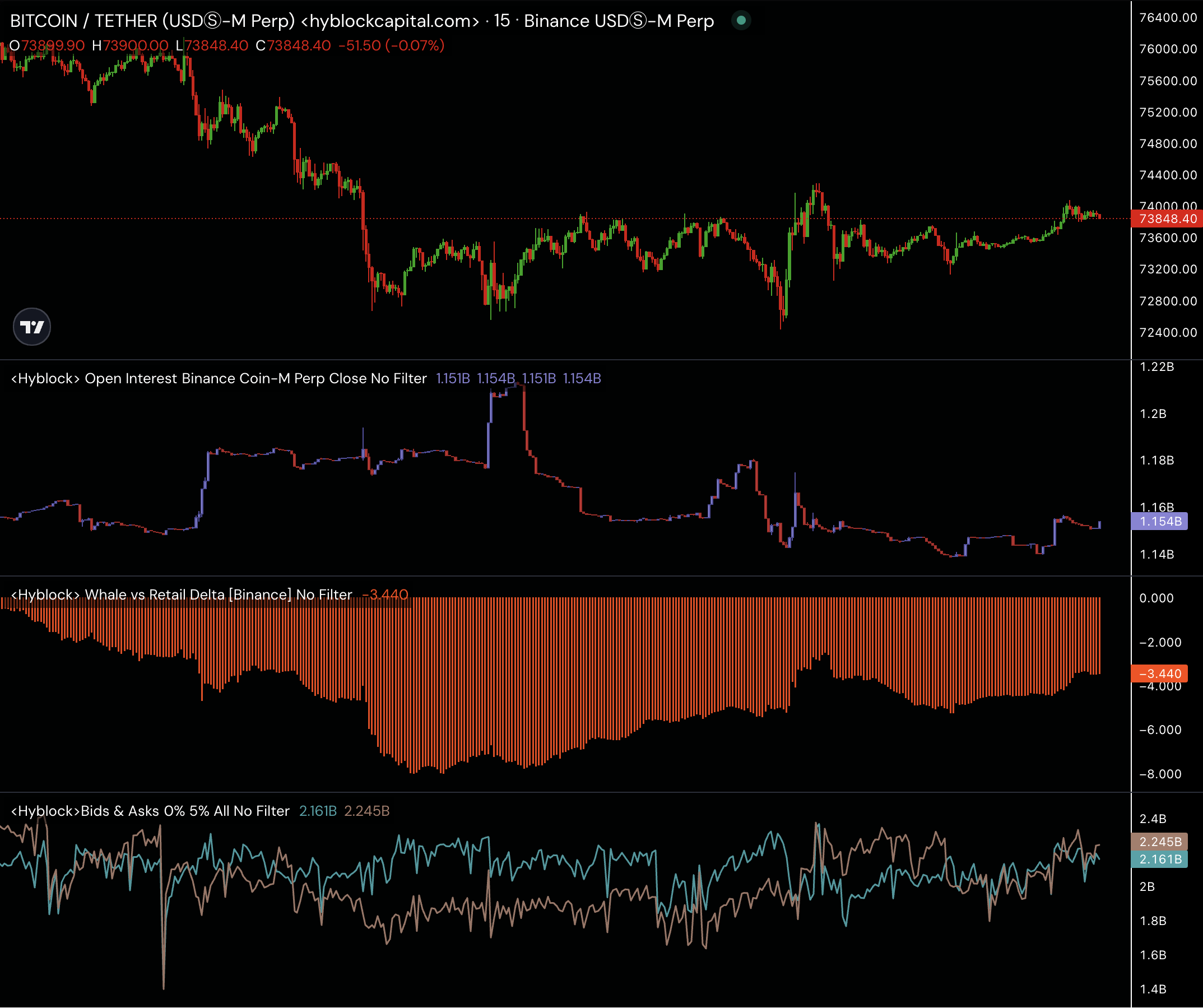 Multi-panel order-flow chart: BTC perpetual candles with open interest, whale-vs-retail delta and bid/ask depth.